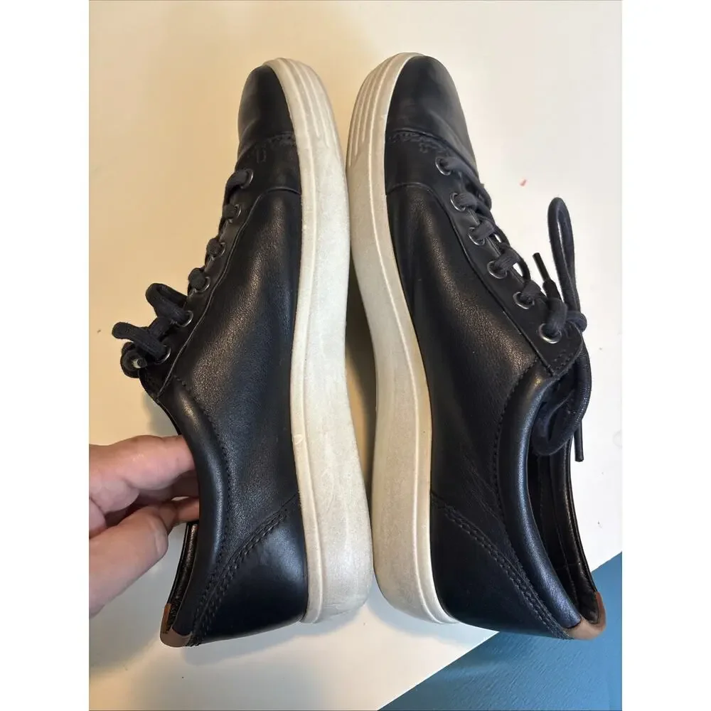 ECCO Shoes Size 41, Black Leather Soft Low Top Casual Walking Sneakers Comfort